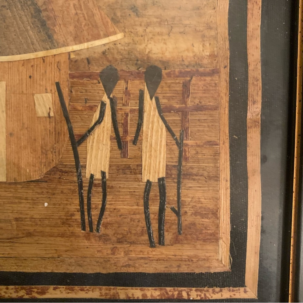 African Marquetry Rare Inlaid Wood Picture of Workers’ Hut w/Trees and Mountains - Picture 5 of 11